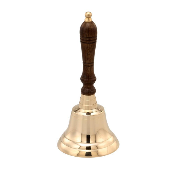 Handcrafted Brass Hand Bell With Wooden Handle, Gold and Brown-Decorative Objects and Figurines-Gold and Brown-Brass and Wood-JadeMoghul Inc.