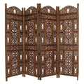 Handcrafted Wooden 4 Panel Room Divider Screen With Tiny Bells - Reversible-Carved Wood Room Dividers-Brown-Mango Wood MDF-JadeMoghul Inc.