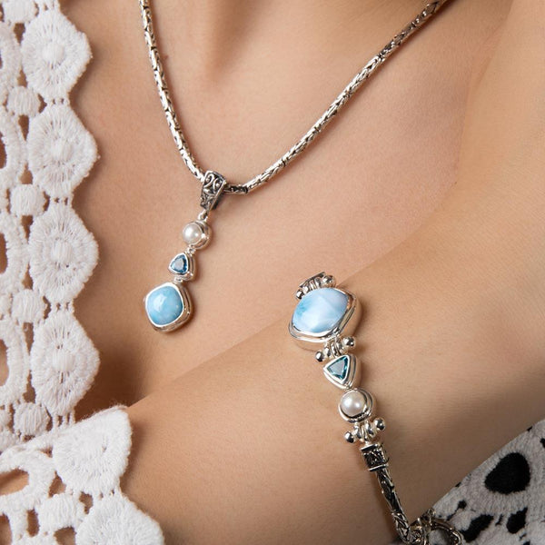 Handmade Unique 925 Sterling Silver Pendant, Beautiful Natural Blue Caribbean Larimar& Pearl Pendant for Women Ladies Girls--JadeMoghul Inc.