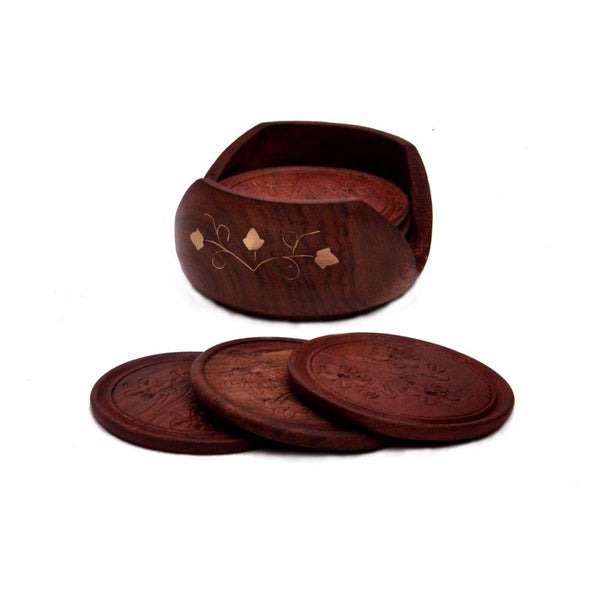 Handmade Wooden Coasters With Holder In Rosewood, Set Of 6, Brown-Coasters-Brown-Rosewood-JadeMoghul Inc.
