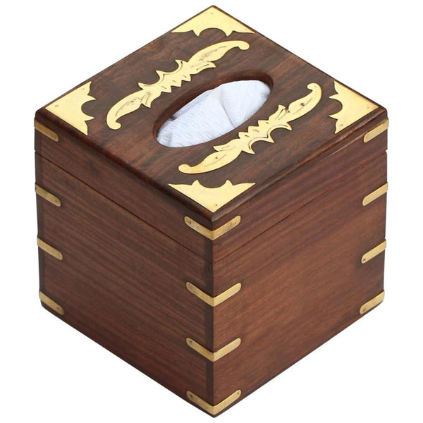 Handmade Wooden Tissue Box With Brass Work, Brown-Tissue Box-Brown-Wood/ Brass-JadeMoghul Inc.