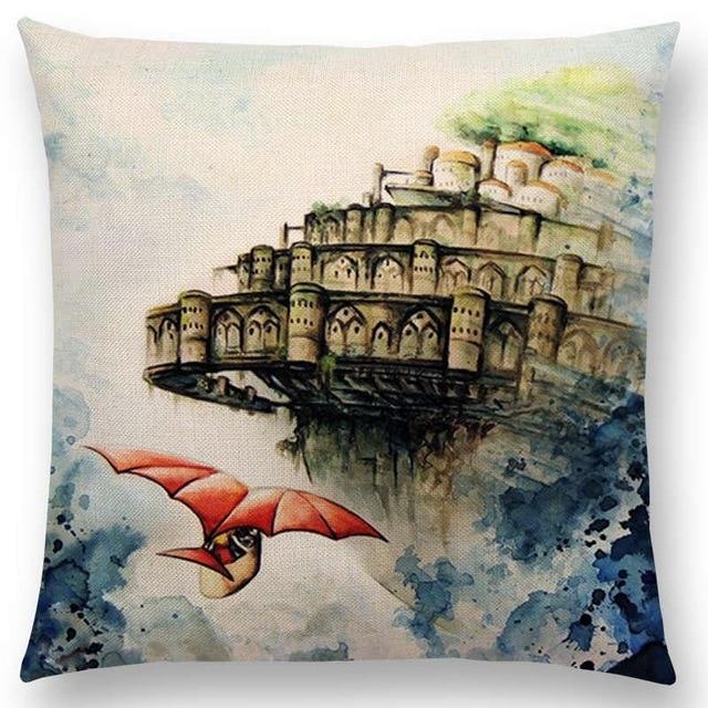 Hayao Miyazaki Works Watercolor Totoro Howl's Moving Castle Spirited Away Castle In The Sky Cushion Sofa Throw Pillow-a016608-45x45cm No Filling-JadeMoghul Inc.