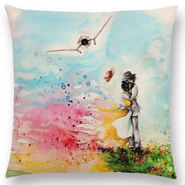 Hayao Miyazaki Works Watercolor Totoro Howl's Moving Castle Spirited Away Castle In The Sky Cushion Sofa Throw Pillow-a016625-45x45cm No Filling-JadeMoghul Inc.