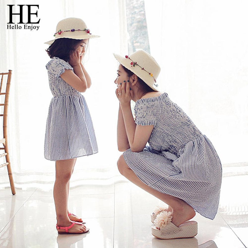 HE Hello Enjoy mother daughter dresses 2017 Family Matching Outfits striped dress family clothing mother and daughter clothes-Sky Blue-3T-JadeMoghul Inc.