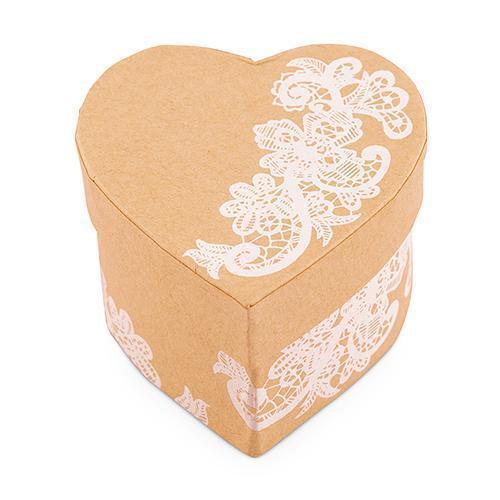Heart Kraft Paper Favor Box with Vintage Lace Print Chocolate Brown (Pack of 6)-Wedding Favor Stationery-JadeMoghul Inc.