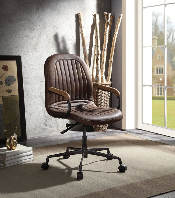 Height Adjustable Metal Office Chair with Tufted Leatherette Upholstery and Castors, Brown and Gray-Office Chairs-Brown and Gray-Metal, Engineered Wood, Faux Leather-JadeMoghul Inc.