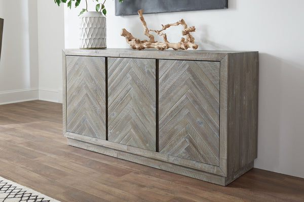 Herringbone Pattern Wooden Sideboard with Three Door Cabinets, Rustic Latte Gray-Cabinets and storage chests-Gray-Wood-JadeMoghul Inc.