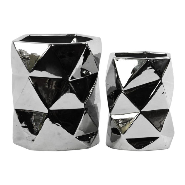 Hexagonal Ceramic Vase With Geometric Pattern, Set Of 2, Silver-Home Accent-Silver-Ceramic-JadeMoghul Inc.