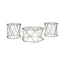 Hexagonal Design Metal Framed Table Set with Inserted Glass Top, Set of Three, Silver and Clear-Accent Tables-Silver and Clear-Metal-JadeMoghul Inc.