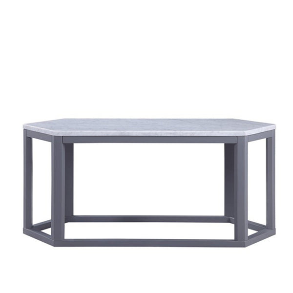 Hexagonal Shape Wooden Coffee Table with Marble Top, White and Gray-Coffee Tables-White and Gray-Marble Engineered Wood-JadeMoghul Inc.