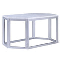 Hexagonal Shape Wooden Coffee Table with Marble Top, White and Silver-Coffee Tables-White and Silver-Marble Engineered Wood-JadeMoghul Inc.