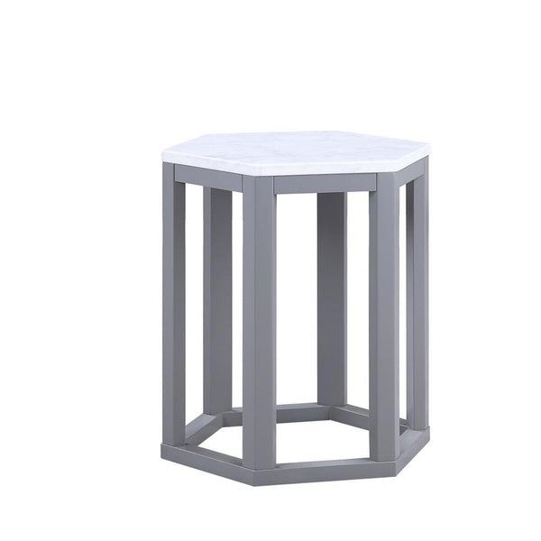 Hexagonal Shape Wooden End Table with Marble Top, Pack of Two, White and Silver-Side and End Tables-White and Silver-Marble Engineered Wood-JadeMoghul Inc.