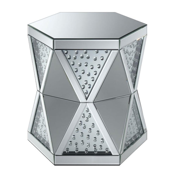 Hexagonal Shaped Glass Top End Table with Diamond Pattern Base, Silver-Side and End Tables-Silver-Glass Crystal and Mirror-JadeMoghul Inc.