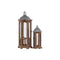Hexagonal Shaped Wooden Lantern With Galvanized Top, Set Of 2, Natural Brown-Home Accent-Brown and Gray-Wood-Natural Finish-JadeMoghul Inc.