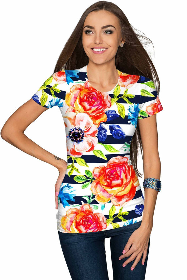 Hey-Sailor! Zoe Striped Floral Print Designer T-Shirt - Women-Hey-Sailor!-XS-White/Navy/Pink-JadeMoghul Inc.