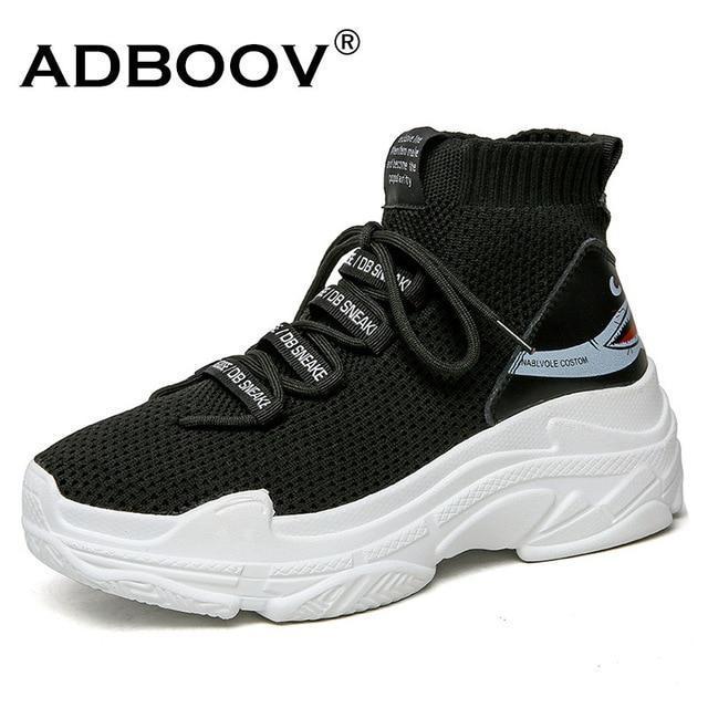 High Top Men Women Sneakers 5 CM Thick Sole Sock Shoes Knit Vamp Breathable Dad Shoes White Black Sapato Feminino-Women Black-41-JadeMoghul Inc.