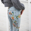 High Waist Denim Jeans With Floral Embroidery-Light Blue-S-JadeMoghul Inc.