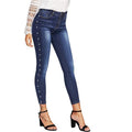 High Waist Denim Jeans With Side Pearl Detailing-Blue-S-JadeMoghul Inc.