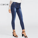 High Waist Denim Jeans With Side Pearl Detailing-Blue-S-JadeMoghul Inc.