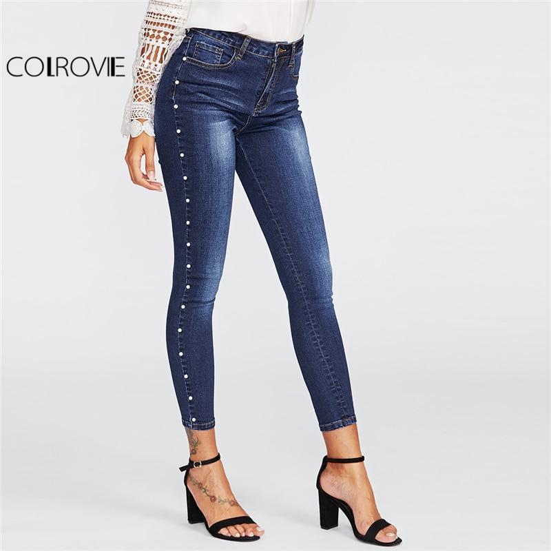High Waist Denim Jeans With Side Pearl Detailing-Blue-S-JadeMoghul Inc.