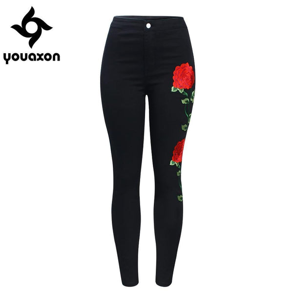 High Waist Skinny Jeans With Floral Embroidery-black-XS-JadeMoghul Inc.