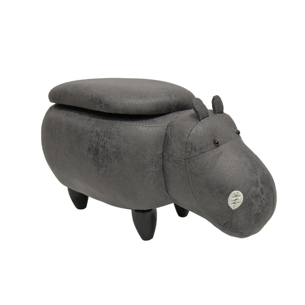 Hippo Shape Wooden Storage Ottoman with Fabric Upholstery, Gray and Brown
