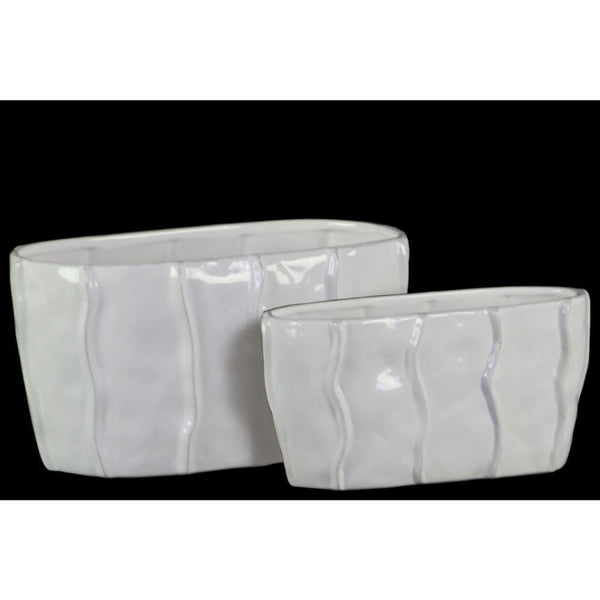 Home Accent Oval Shaped Ceramic Pot with Embedded Wave Design, Glossy White, Set of 2 Benzara