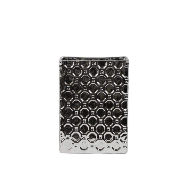 Home Accent Rectangular Porcelain Vase In Octagonal Pattern, Small, Silver Benzara