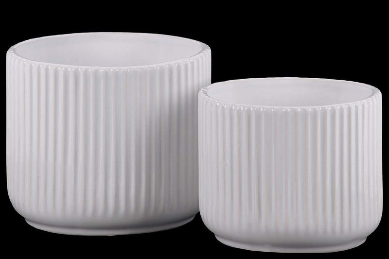 Home Accent Ribbed Patterned Ceramic Pot With  Tapered Bottom, Glossy White, Set of 2 Benzara
