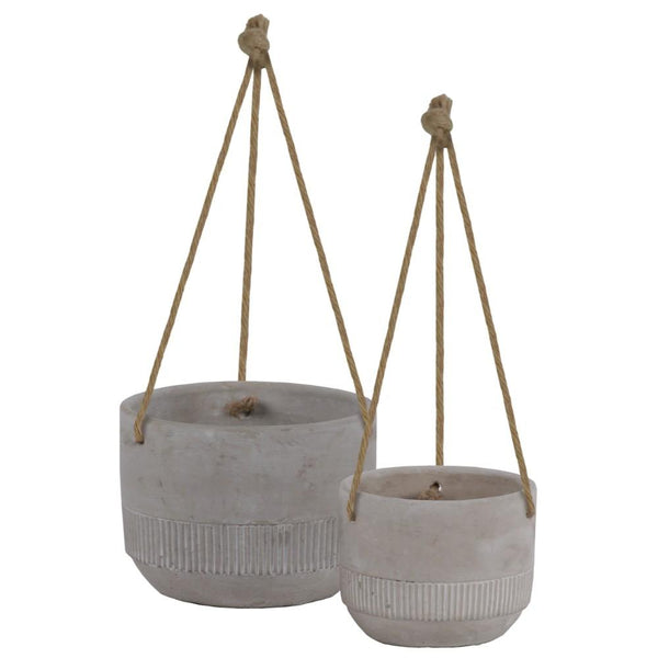 Home Accent Round Cemented Pots with Rope Hanger, Washed Gray, Set of 2 Benzara