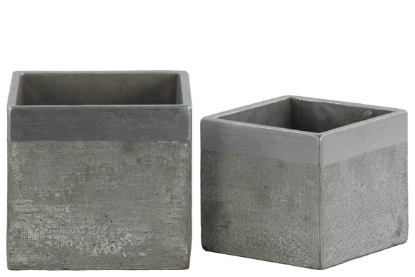 Home Accent Square Cemented Flower Pot With Silver Banded Rim Top, Set of 2, Gray Benzara