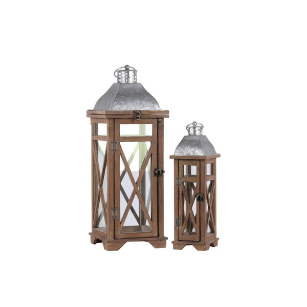 Home Accent Square Shaped Wooden Lantern With Cross Design Body, Set Of 2, Natural Brown and Gray Benzara