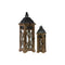 Home Accent Square Shaped Wooden Lantern With Ring Hanger, Set Of 2, Dark Brown and Black Benzara