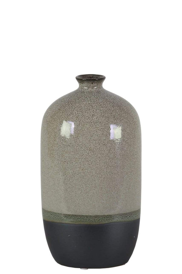 Home Accent Stoneware Bottle Vase With Black Banded Rim Bottom, Small, Glossy Gray Benzara