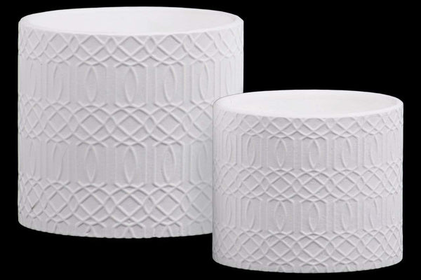 Home Accent Stoneware Cylindrical Embossed Lattice Concentric Design Pot, Set of 2, White Benzara