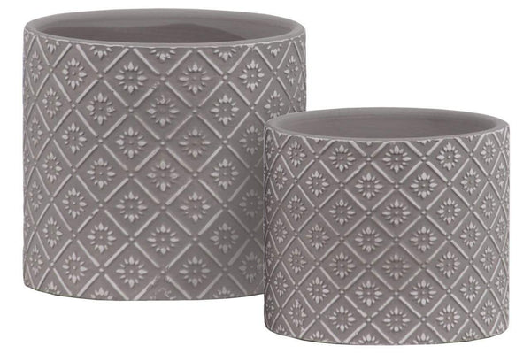 Home Accent Stoneware Cylindrical Embossed Lattice Floral Design Pot, Set of 2, Gray Benzara
