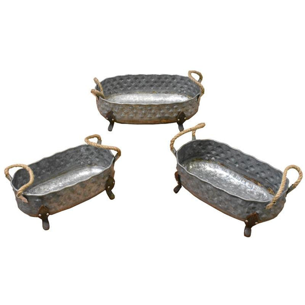 Three Piece Oval Shape Metal Planters With Rope Handle And Splayed Legs, Gray