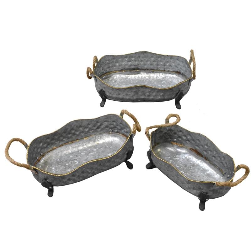 Home Accent Three Piece Rustic Style Metal Planters With Flared Leg And Rope Handles, Gray Benzara