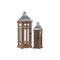 Traditional Wooden Lantern With Galvanized Top, Set Of 2, Natural Brown