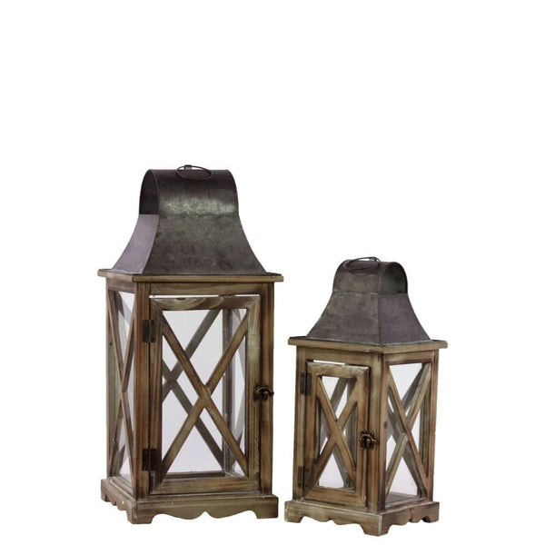 Wood And Metal Lantern With Ring Handle, Set Of 2, Natural Brown