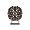 Wood Round Buddhist Wheel Ornament on Rectangular Stand, Bronze