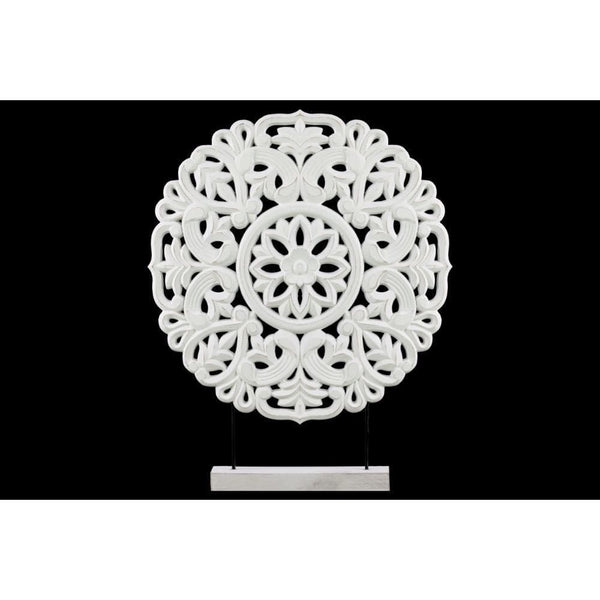 Wood Round Buddhist Wheel Ornament on Rectangular Stand in LG Matte Finish, White