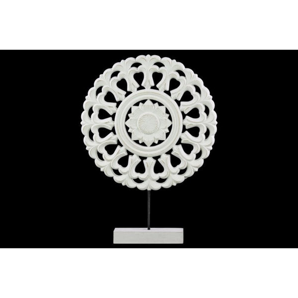 Wood Round Buddhist Wheel Ornament on Rectangular Stand in SM Matte Finish, White