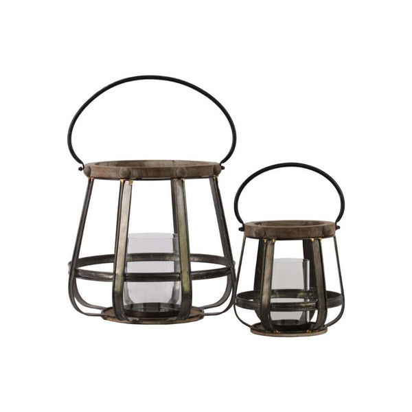 Wood Round Lantern with Handle, Set of Two, Brown