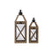 Wood Square Lantern with Ring Handle and Cross Design Body, Set of Two, Brown
