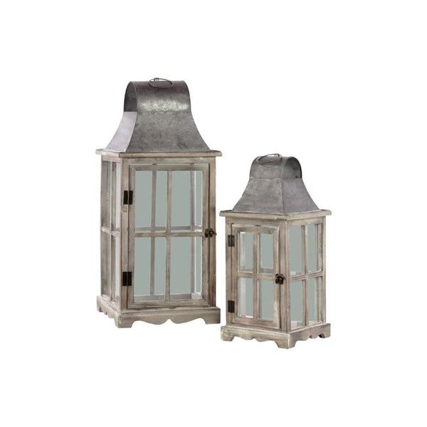 Wooden Lantern With Metal Top And Ring Handle, Set Of 2, Natural Brown