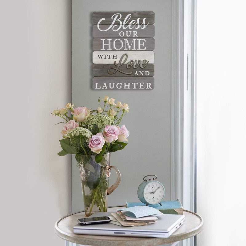 Home Art Contemporary Art - 14" X 1.13" X 18" Gray "Bless Our Home With Love And Laughter" Wall Art HomeRoots