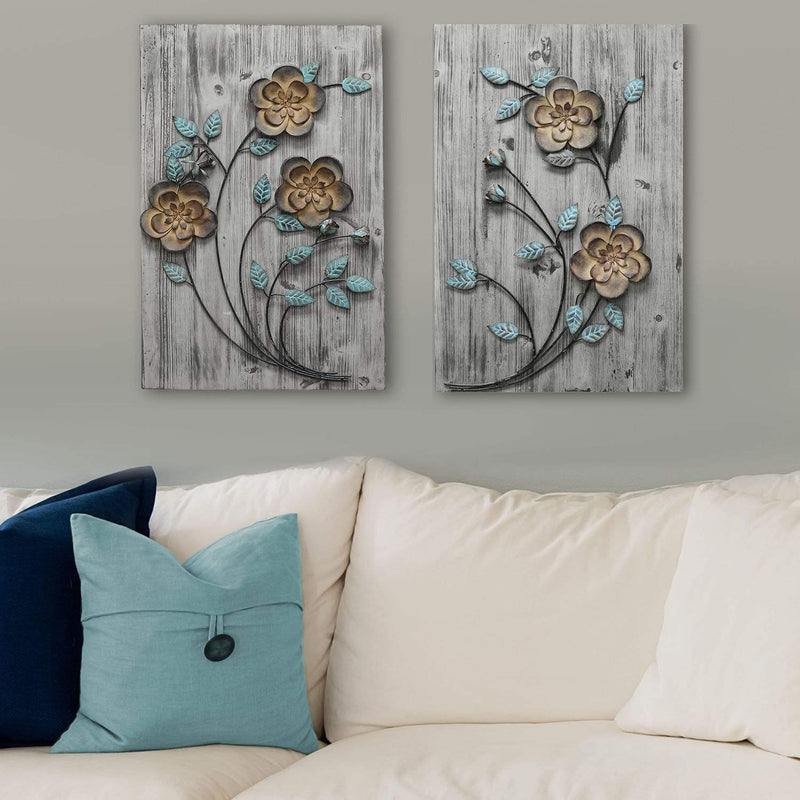 Home Decor Apartment Decor - 19" X 1" X 30" Rustic Floral Panel With Bronze And Teal Flowers HomeRoots