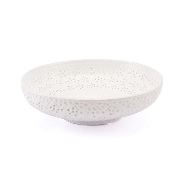 Home Decor Decorative Bowl - 14" X 14" X 3.9" White Deep Bowl With Intricate Details HomeRoots