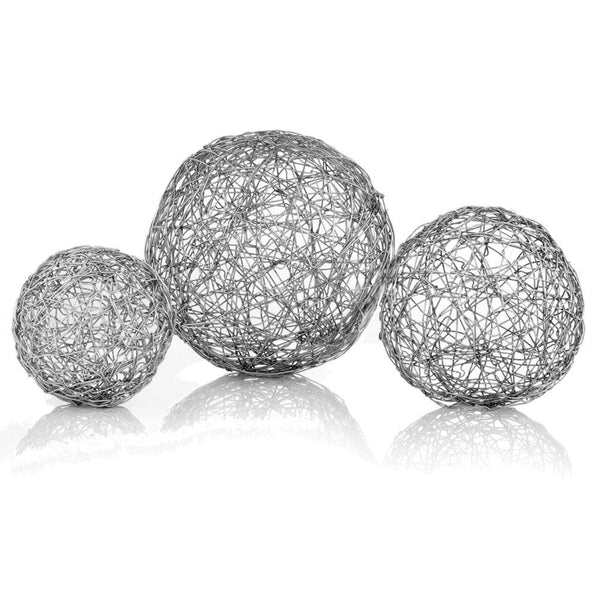 Home Decor Decorative Boxes - 3" x 3" x 3" Shiny Nickel/Silver Wire - Spheres Box of 3 HomeRoots